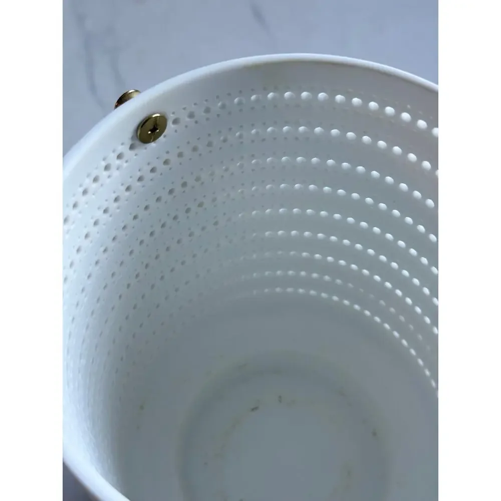 West Elm White Porcelain Pierced Hurricane Candle Holder Lantern Gold Handle